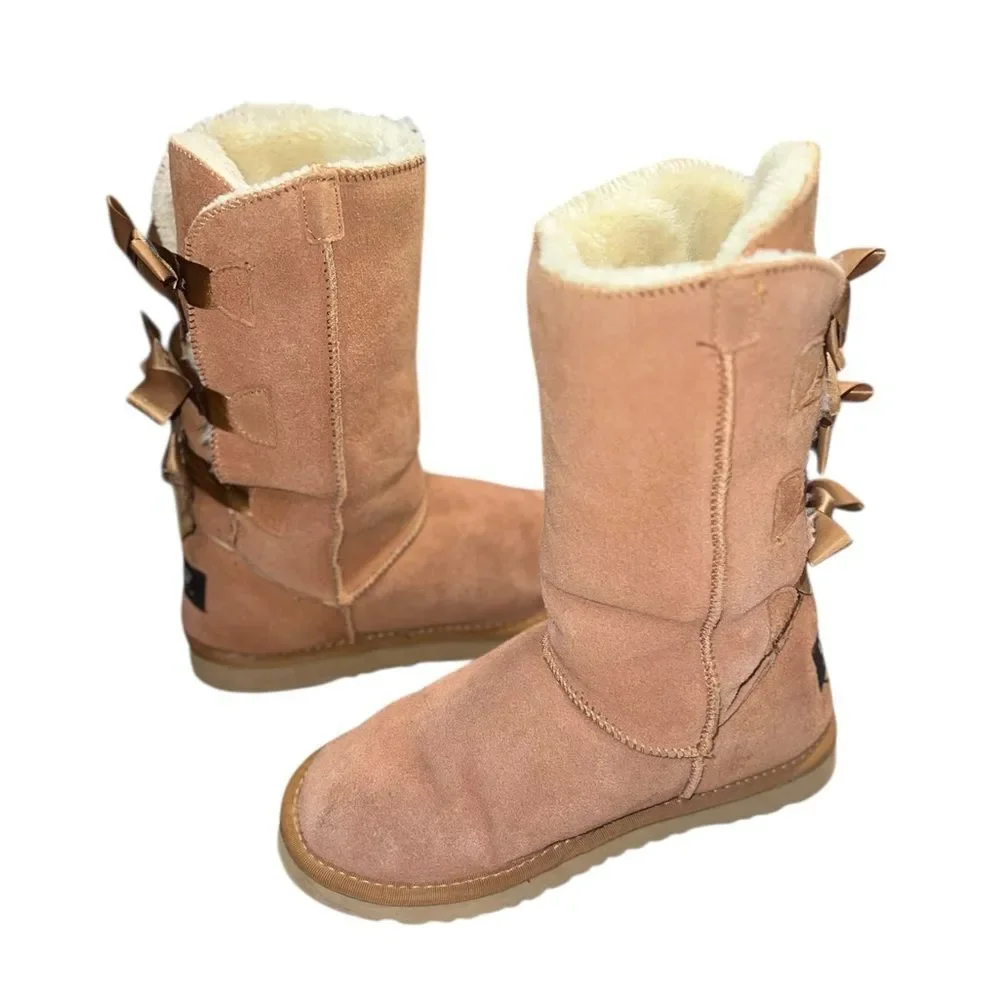 UGG Australia Bailey Bow Boots Womens 8 Sheepskin Suede Chestnut Mid Calf